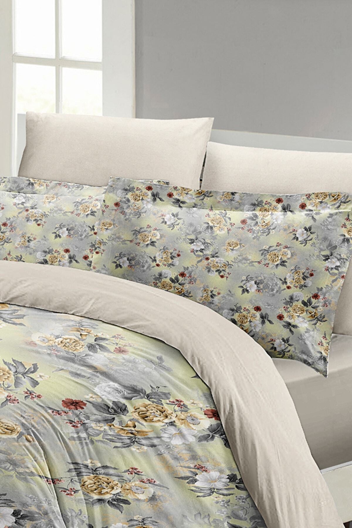 Kıng Sıze Grey Yellow Roses Luxury Çift Kişilik Pamuk Saten Nevresim Takımı 220x240cm