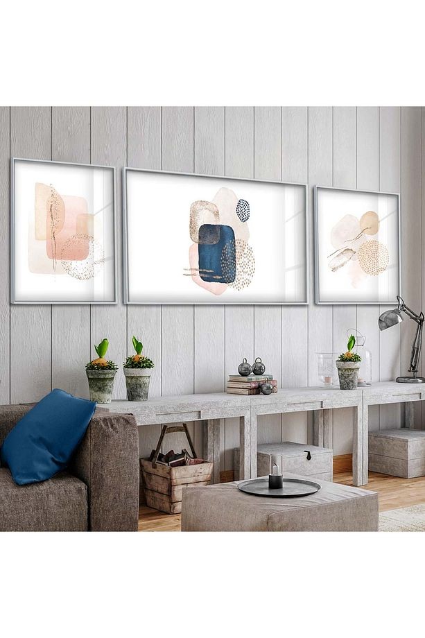 Gümüş Metal Çerçeveli Modern Çizim Üçlü Kırılmaz Cam Tablo Seti