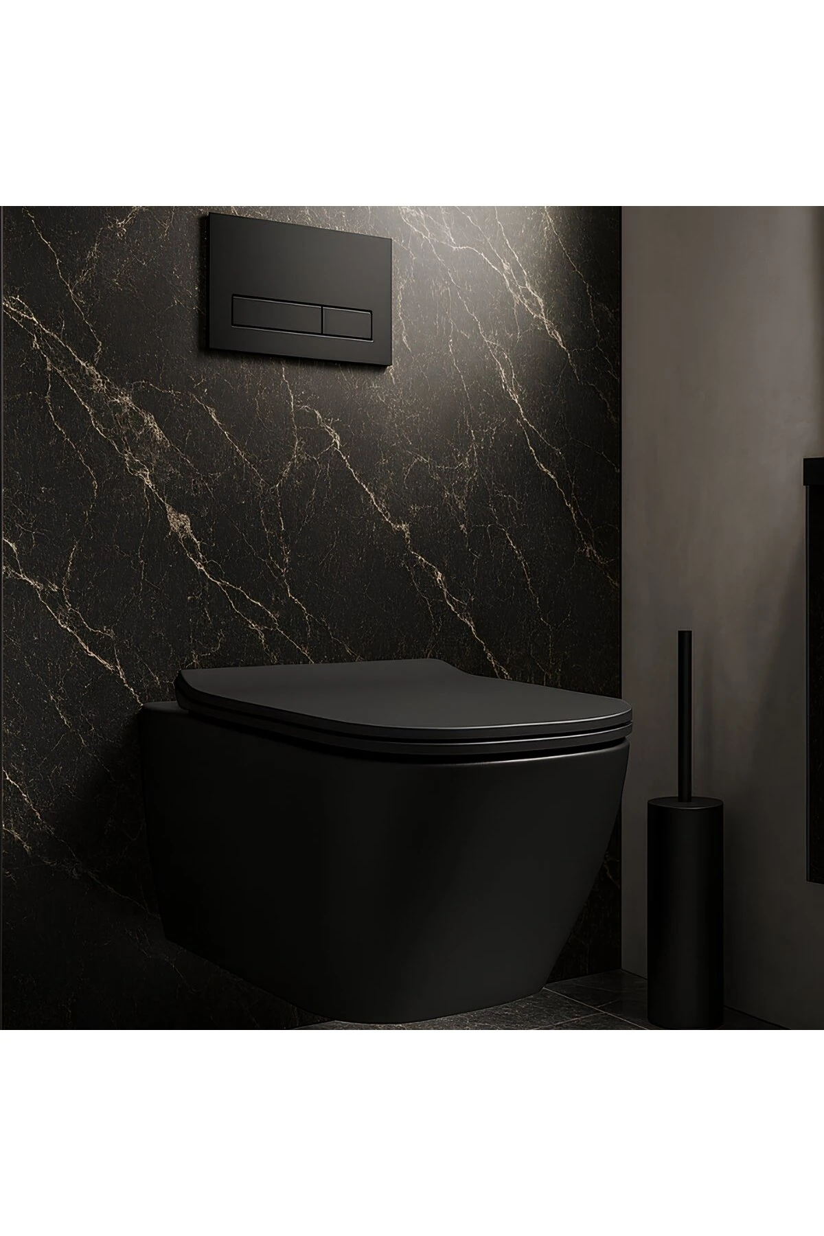 Luna Kanalsız Mat Siyah Asma Klozet LN5610S, Luna Mat Siyah Duroplast Yavaş Kapak