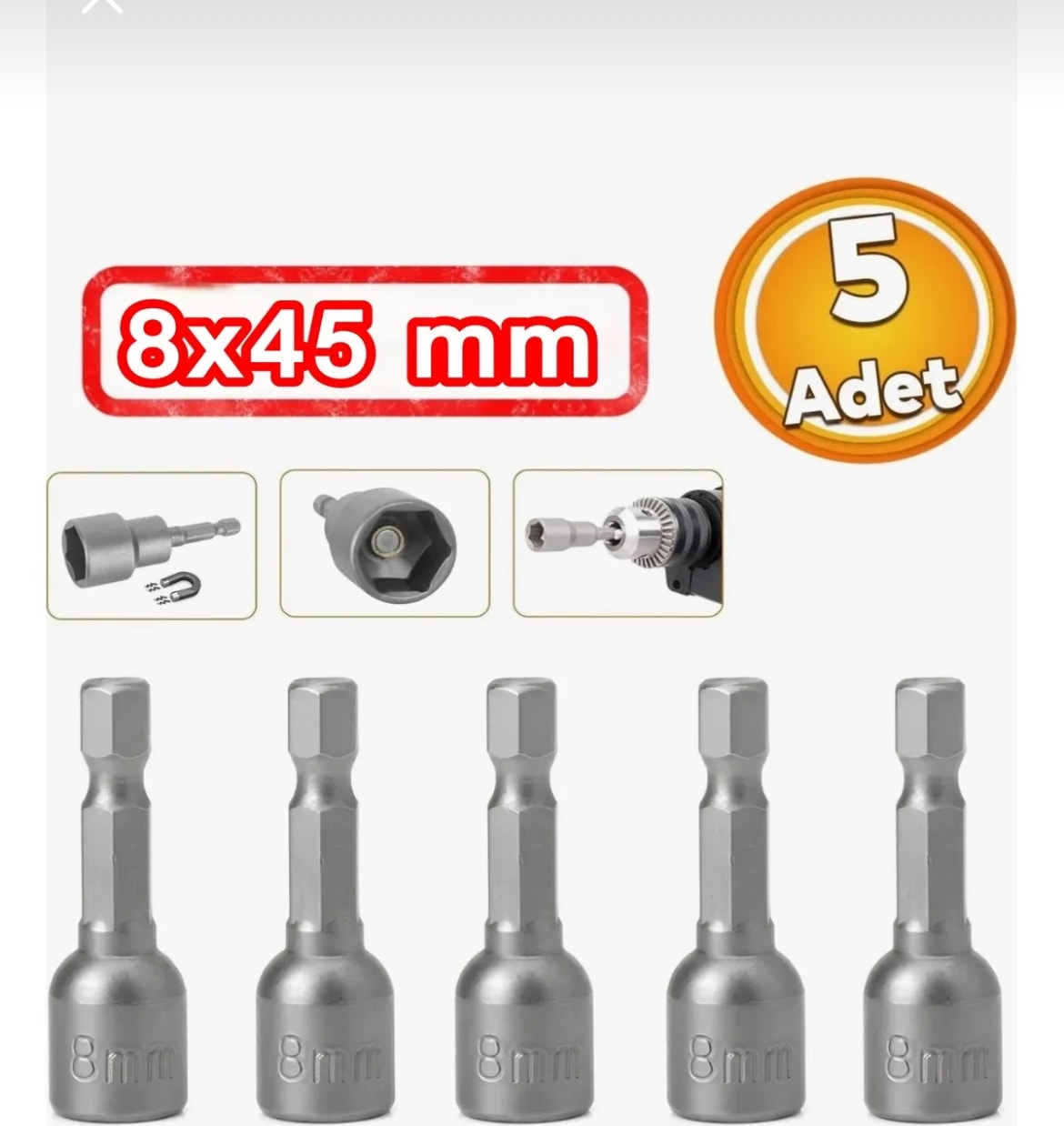 Manyetik Somun Civata Sıkma Adaptörü Trapez Çatı Vidası Sıkma 8 mm (5 Adet)