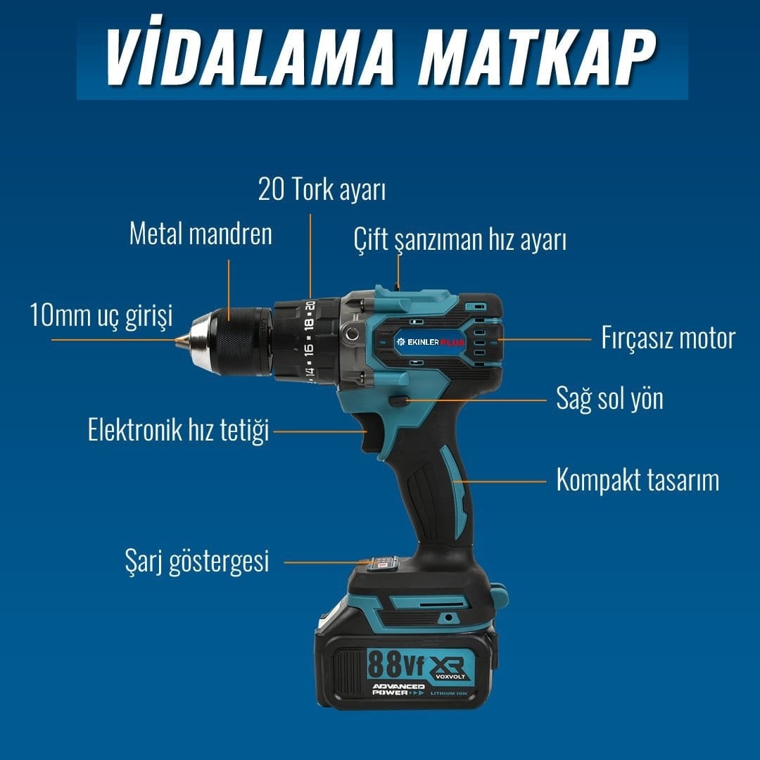 Akülü Süper 6lı Set Makina 88VF 5AH 125MM Avuç Taşlama, Sds Plus Kırıcı Delic, Somun Sıkma Sökme, Vidalama Matkap, Budama Testere, Budama Makası EEA397