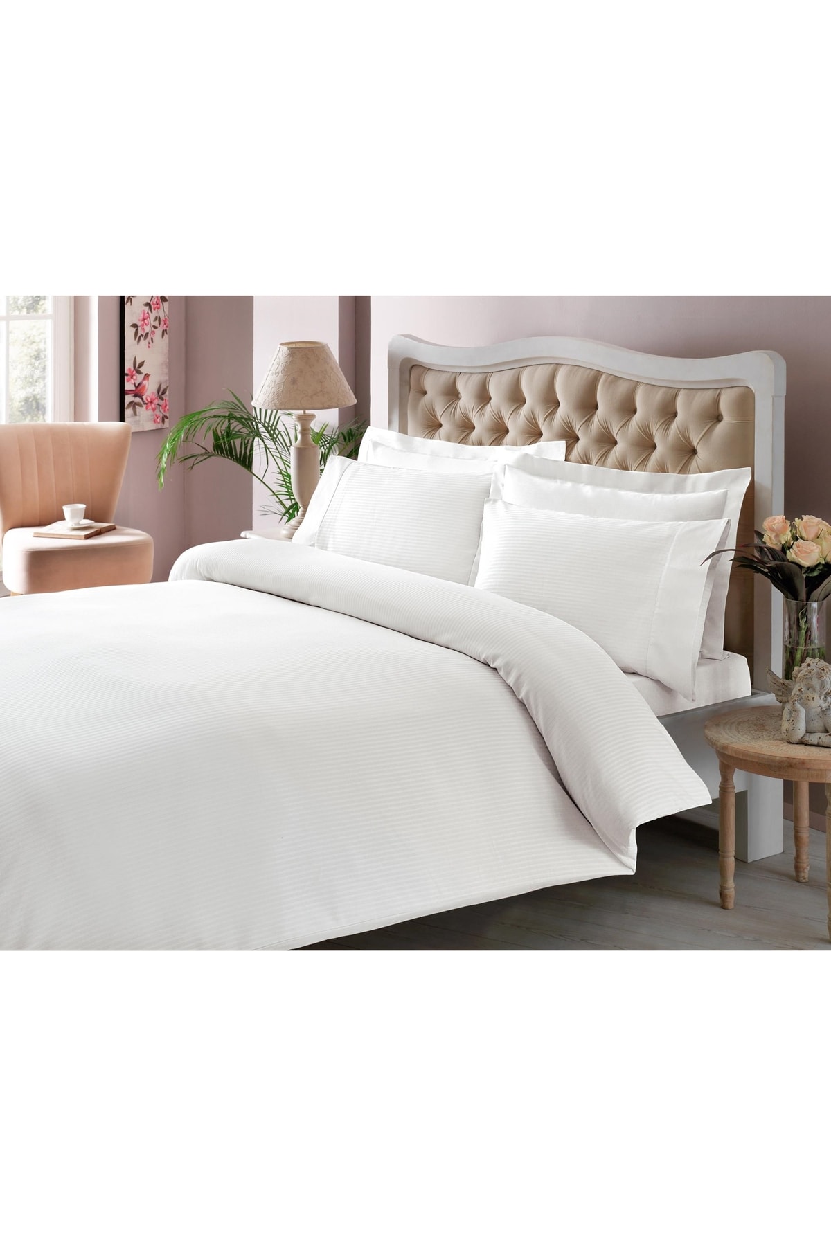 Stripe Premium Basic King Size Nevresim Takımı Beyaz
