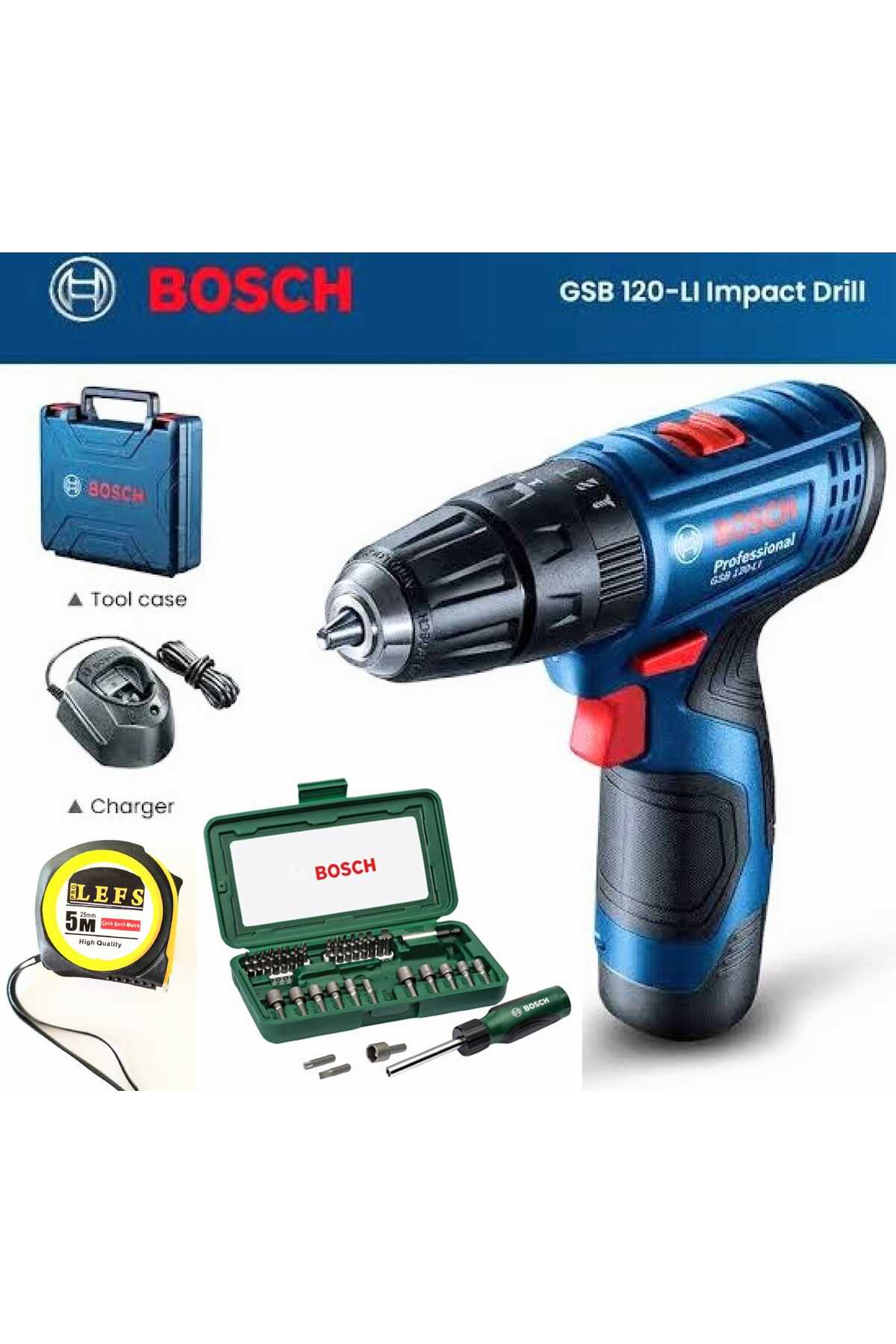 BOSCH Gsb 120 Li Darbeli Vidalama (TEK BATARYA), 46 Parça Cırcırlı Tornavida Seti ve Metre