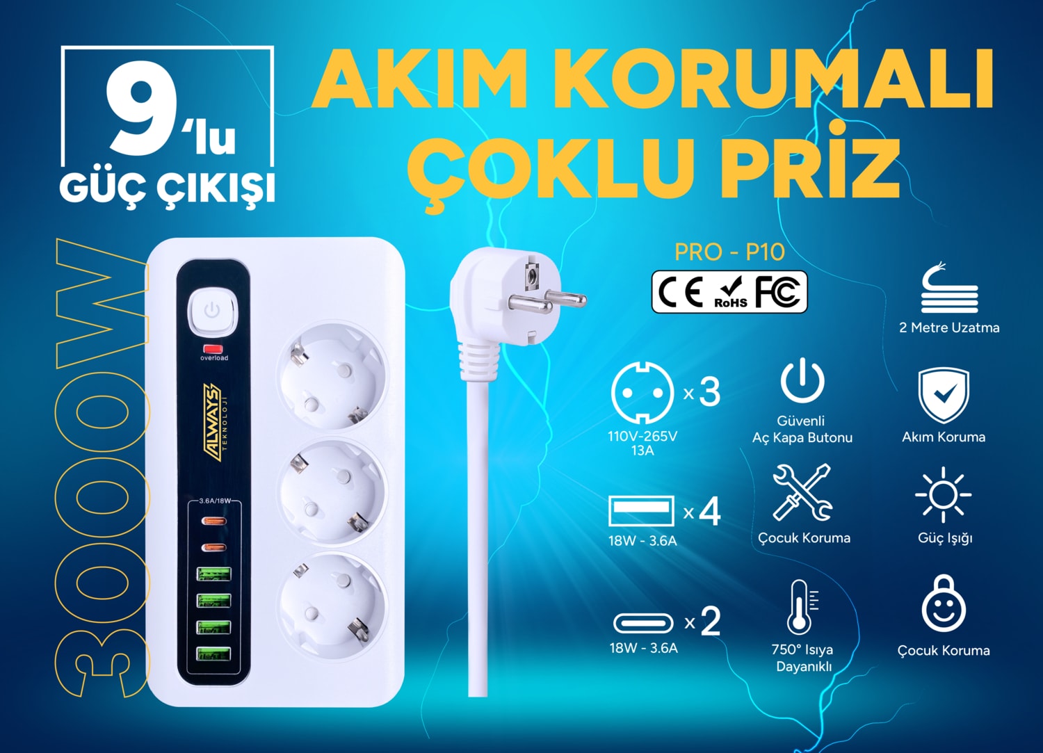 Akım Korumalı 4 Usb'li ve 3 Type-C Li 3'lü Grup Priz 2 M Uzatma Kablosu Beyaz