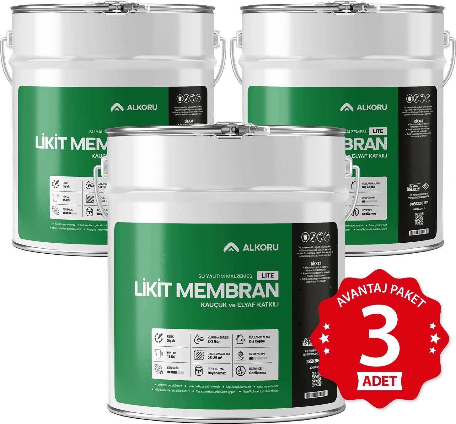 3 Adet 15 kg Lite Likit Membran Kauçuk ve Elyaf Katkılı Sıvı Su Yalıtım Malzemesi Avantaj Paket