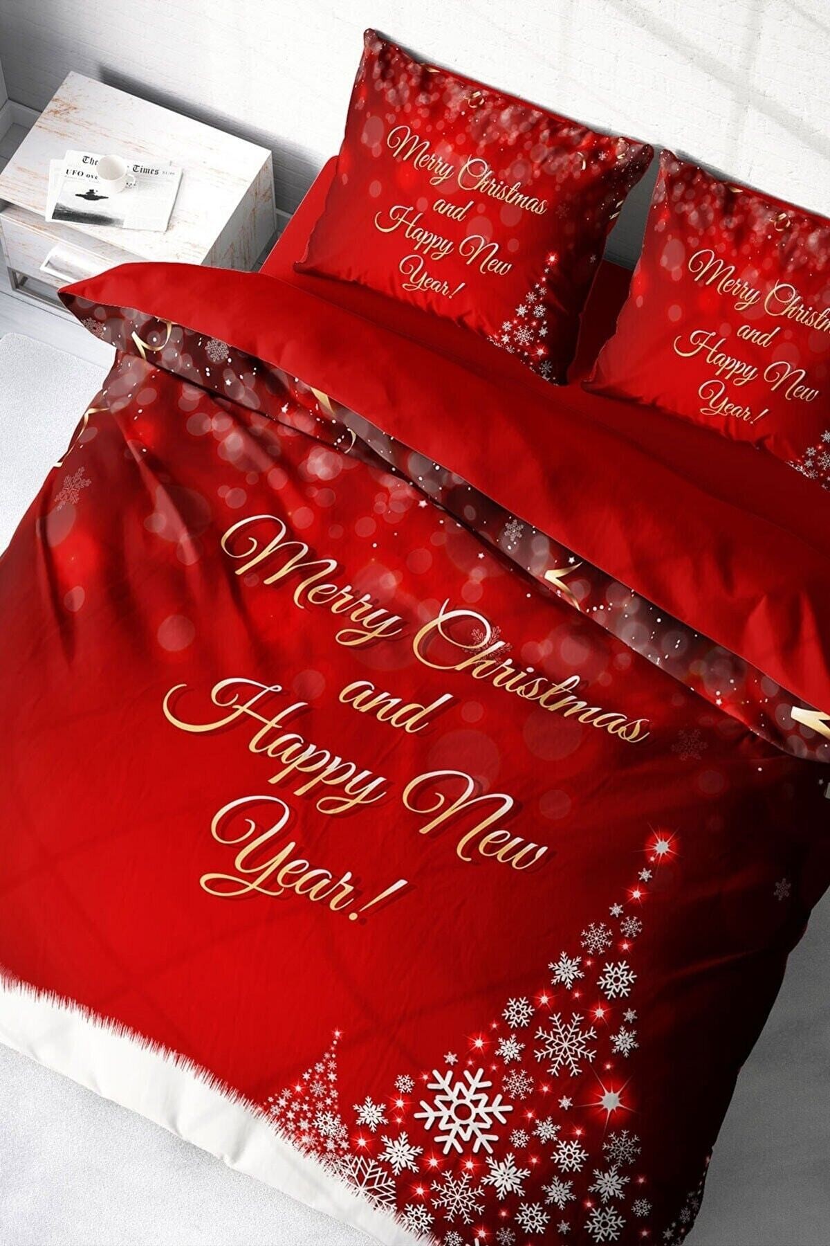 Kıng Sıze Yılbaşı Süsü Happy New Noel %100 Pamuk Saten 3d Çift Kişilik Nevresim Takımı 220x240cm
