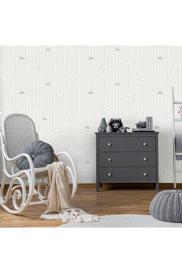 ADAKIDS 8916 Minimal Bulutlar ve Çizgili Desenli Duvar Kağıdı 10,6m2