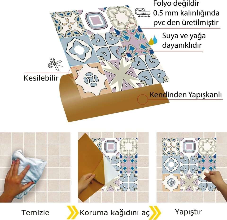 Kendinden Yapışkanlı Renkli Kabuki Desenli Pvc Karo 30X30 cm (33 Adet) 3m2
