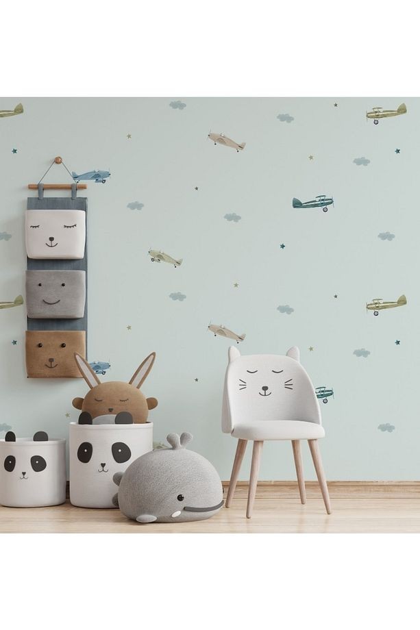 Uçak Ve Bulut Temalı Çocuk Ve Bebek Odası Duvar Kağıdı Non-woven Kağıt Taban