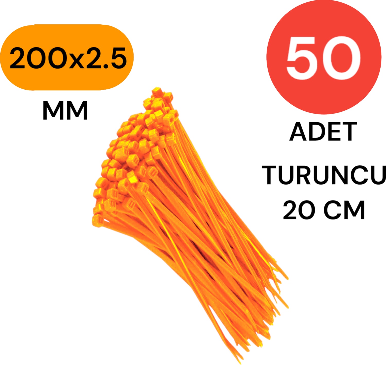 Plastik Kablo Bağı Klipsi Cırt Kelepçe 200 mm x 2.5 mm Turuncu 50 Adet