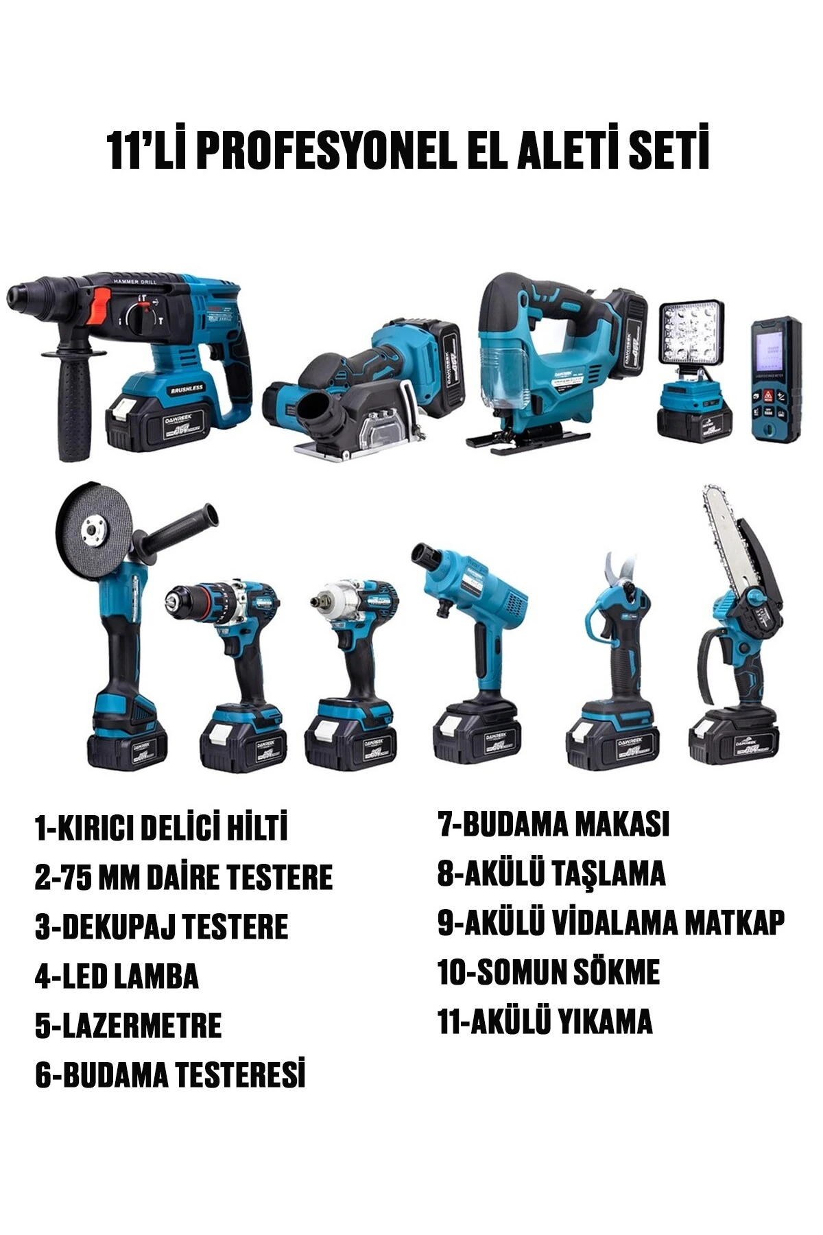 DawreekTech 11'li Şarjlı Pro Set Kırıcı-Taşlama-Matkap-Budama Makas Testeresi -Yıkama-