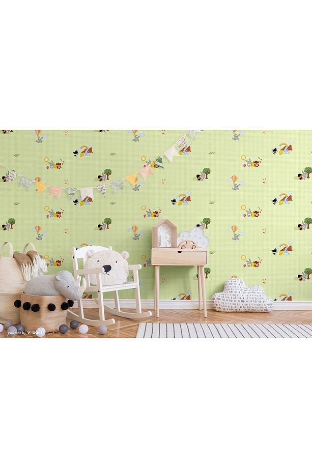 Ada Kids 8939-2 Duvar Kağıdı Yeşil Puantiyeli Çizgi Karakterli