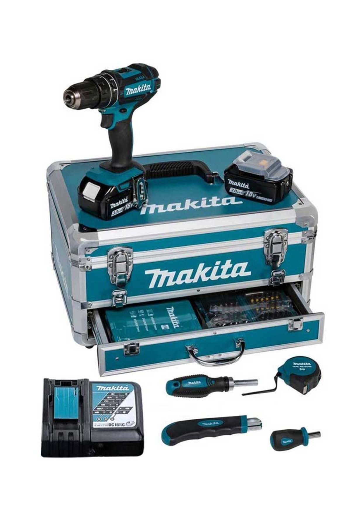 MAKİTA DHP482RFX9 Akülü Darbeli Matkap 18V 3,0 Ah 2 Akü + Şarj Cihazı Çanta 96 Parçalı Aksesuar Seti