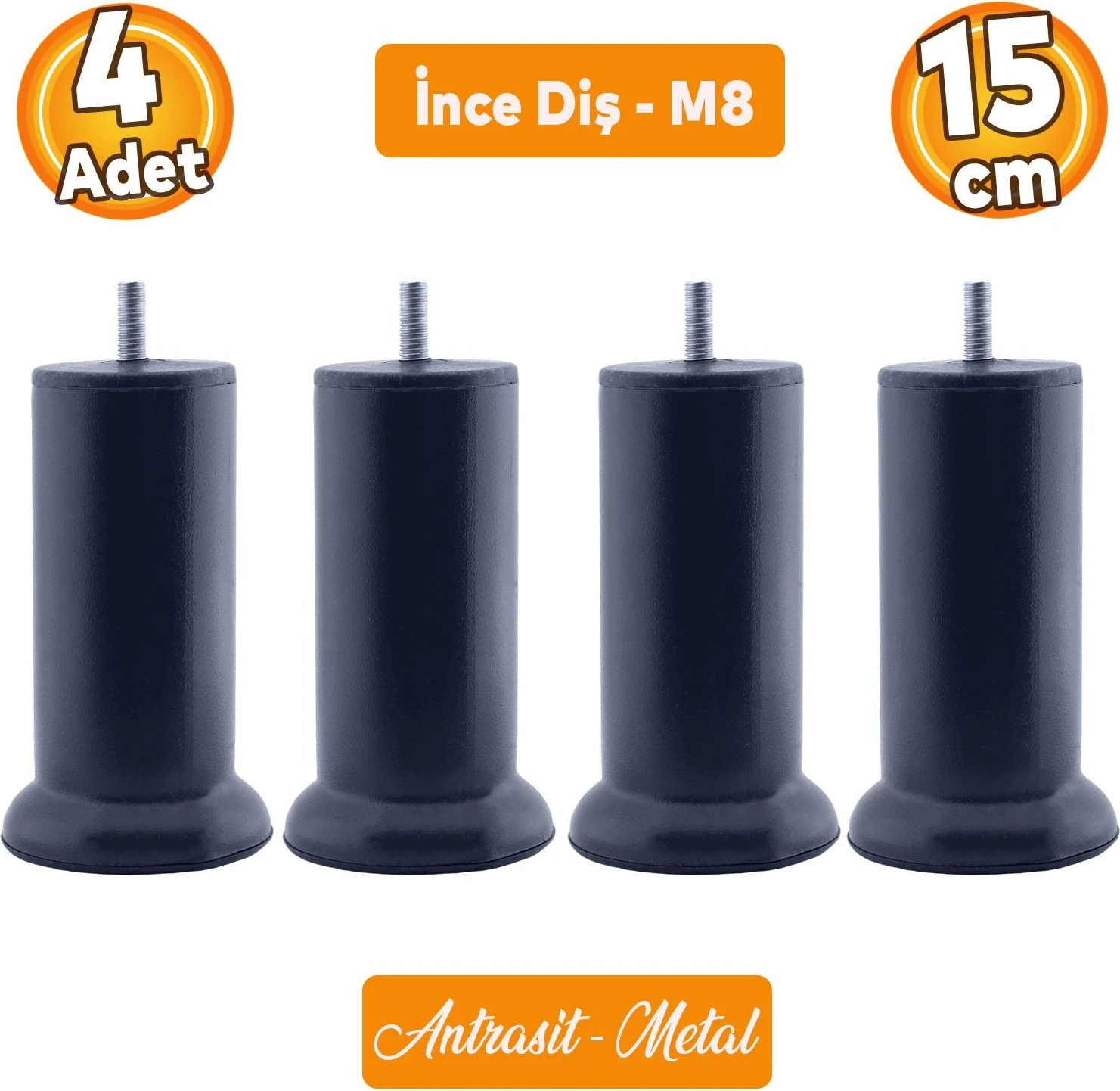 Mobilya Baza Metal Antrasit 15 cm M8 Ince Diş Kanepe Koltuk Çekyat Yükseltme Ayağı Ayakları 4 Adet