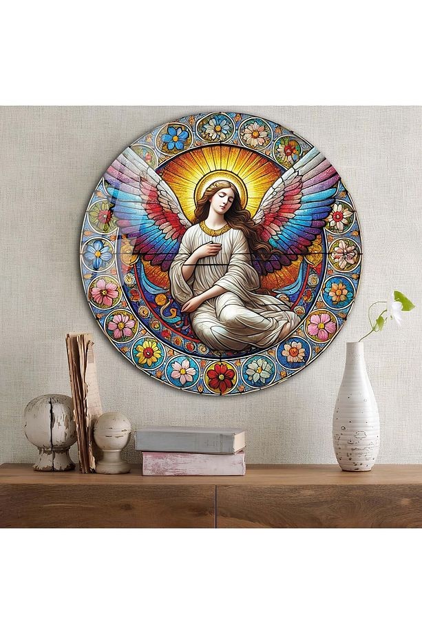 Vitray Melek Yuvarlak Cam Tablo | Hediyelik, Dekoratif, Ofis, Mutfak, 2