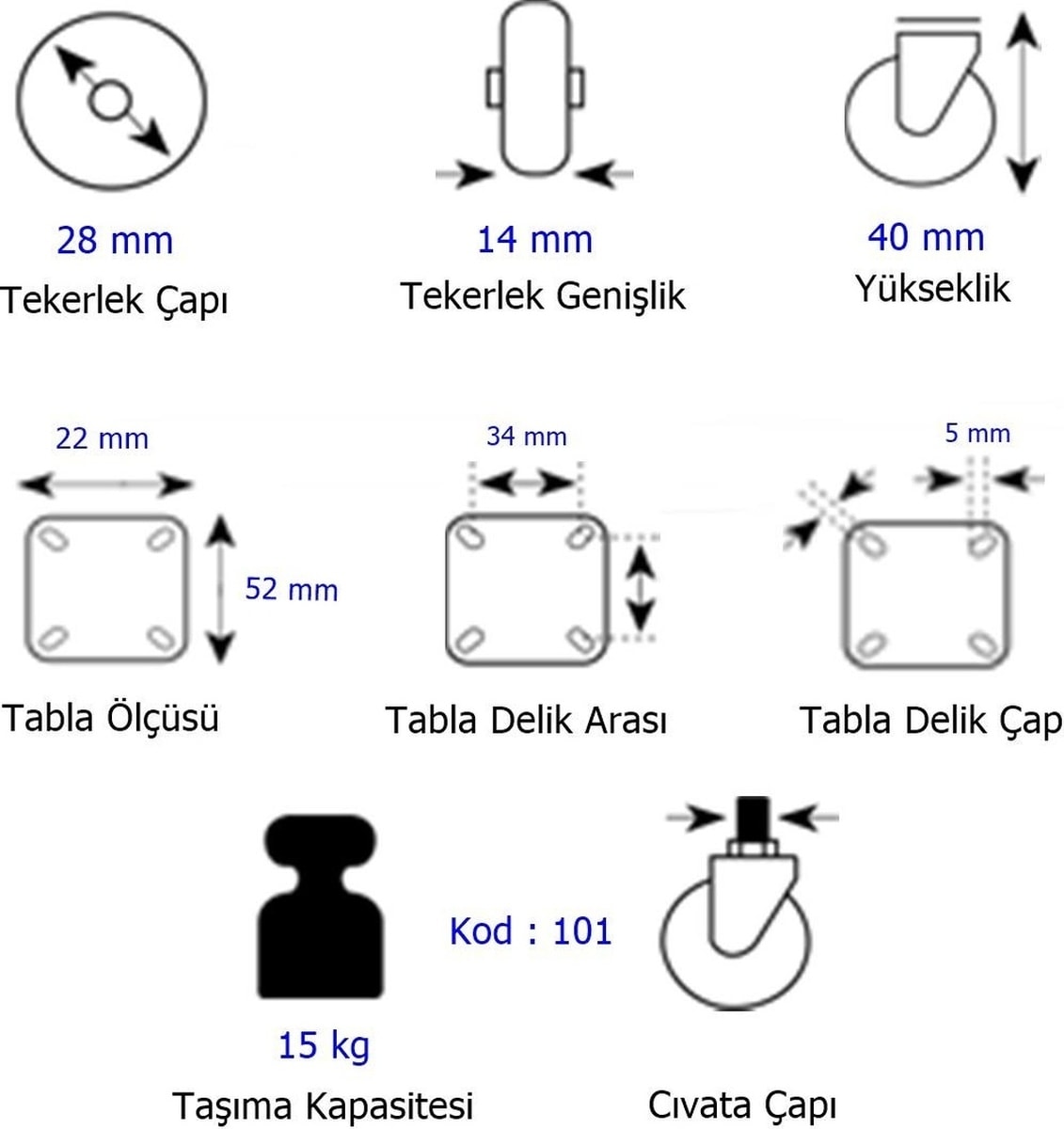 101- Sabit Tablalı Mobilya Tekeri Çap : 28 mm 4 Ad.