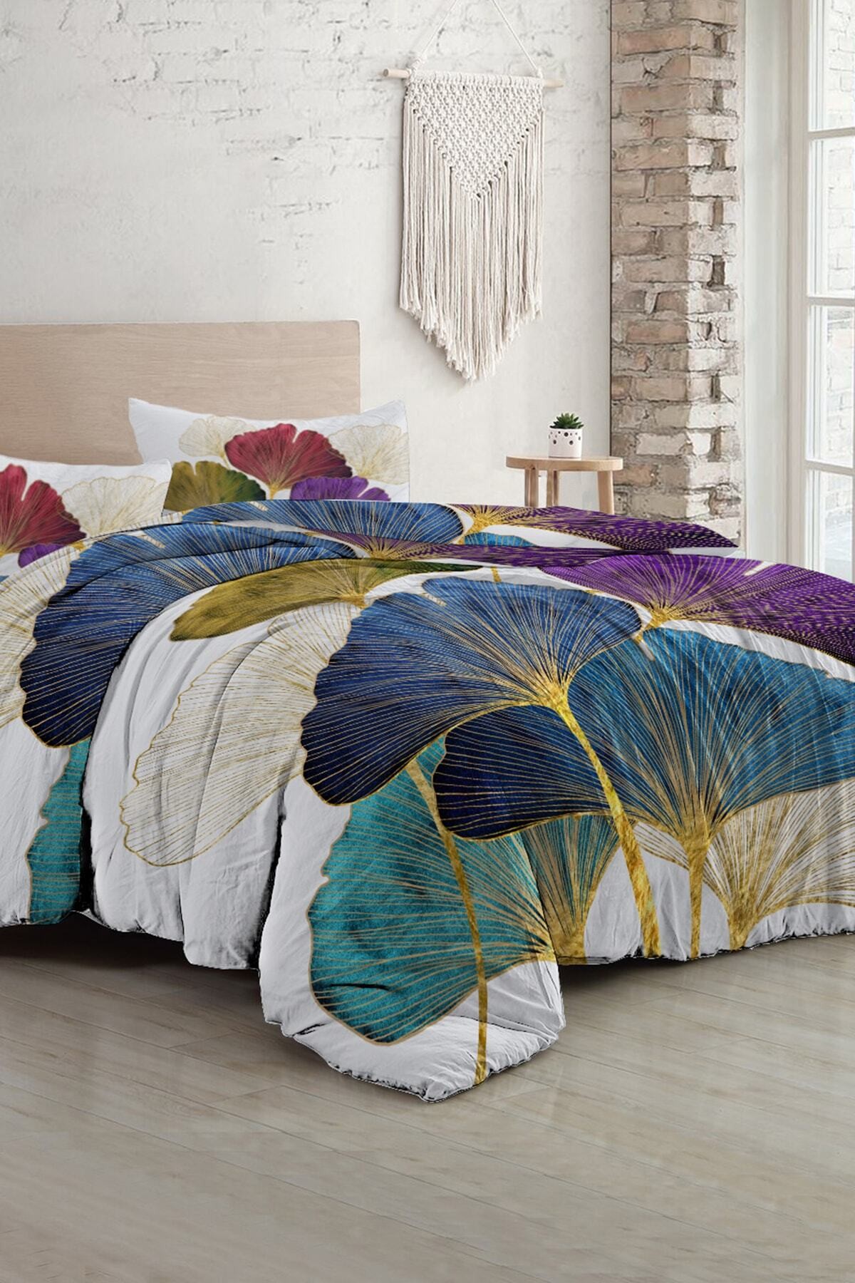 Kıng Sıze Çift Kişilik Nevresim Takımı Pamuk Saten 3d Özel Tasarım Colorfull Leaves 220x240cm