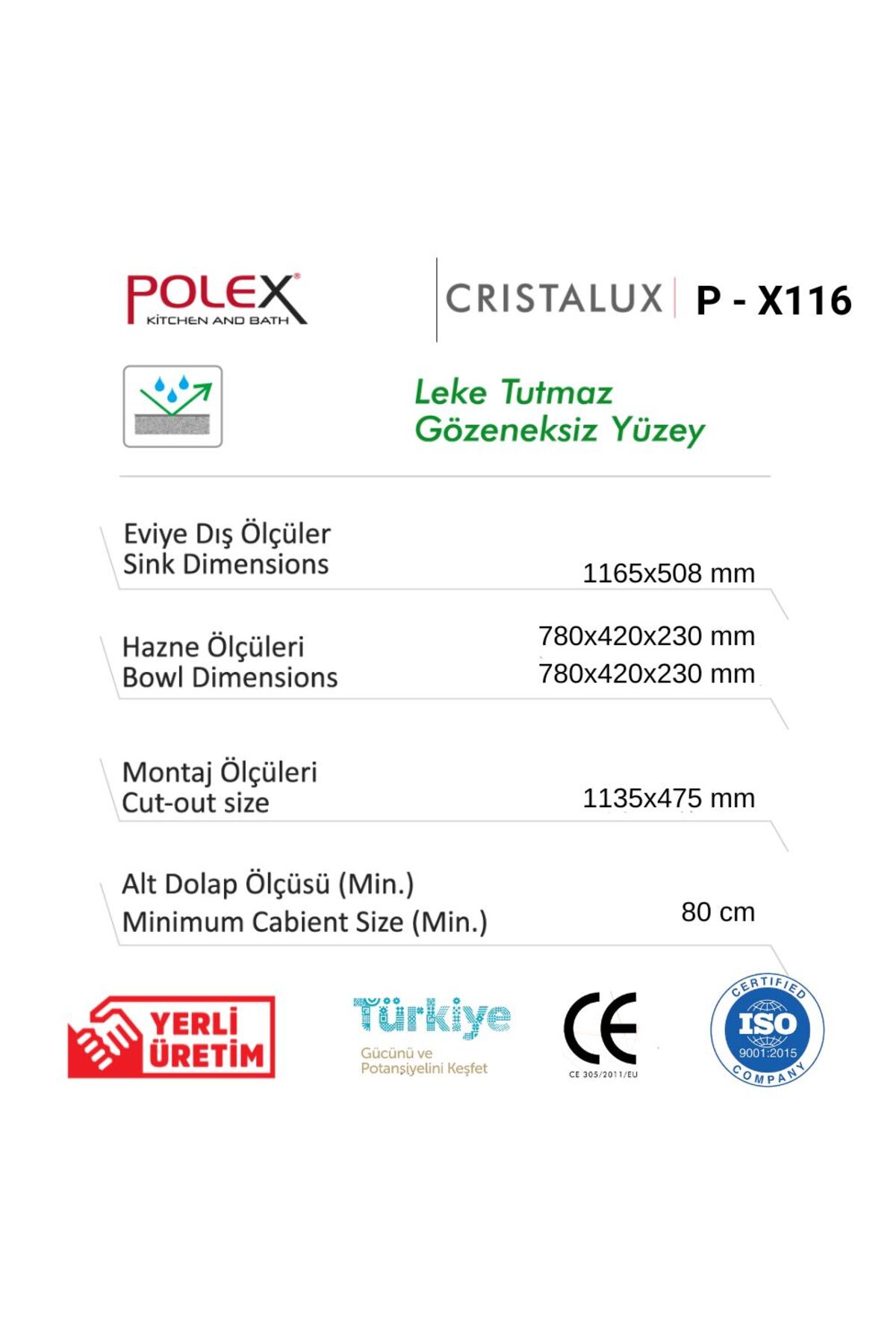 Cristalüx Granit Evye P-X116 Beyaz 2 Hazneli Tezgah Altı Ve Tezgah Üstü Mutfak Evyesi 116,5x50,8cm