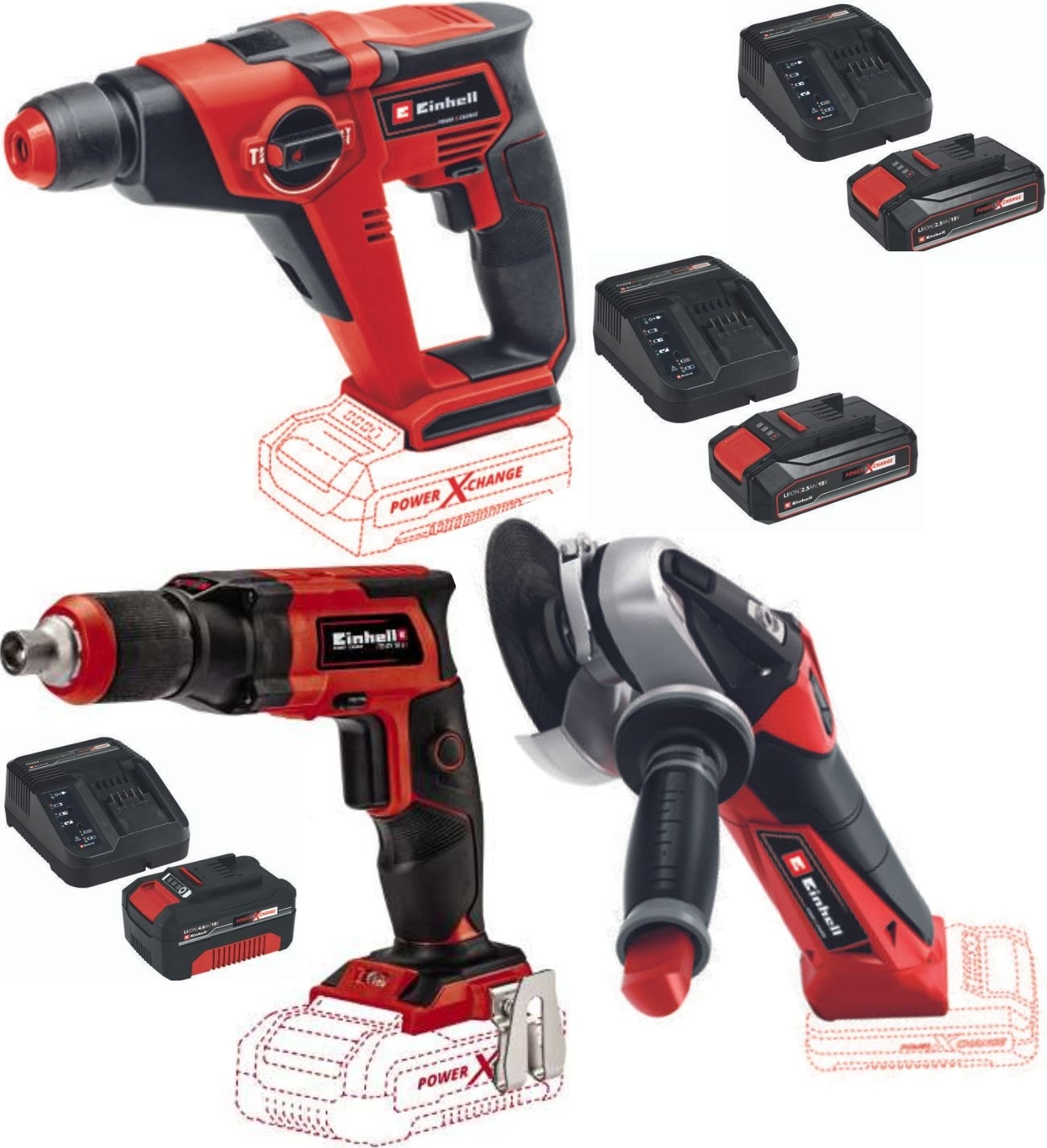 EİNHELL Te-Hd 18/12 Vidalama Matkap Te-Ag 18/115 Avuç Taşlama Te-Dy 18 Li Alçıpan Vidalama 2X2.5AH+4.0AH Starter Kit Akülü Set