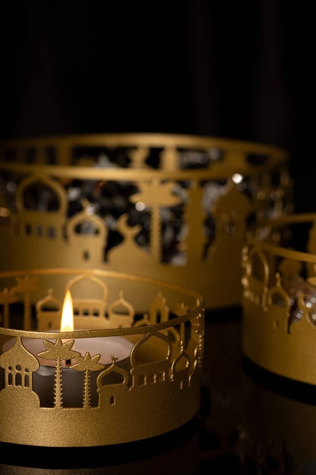 Cami Desenli 3'lü Metal Dekoratif Kase Seti - Islami Dekor - Ramazan Dini Ev Dekorasyonu Wamh127