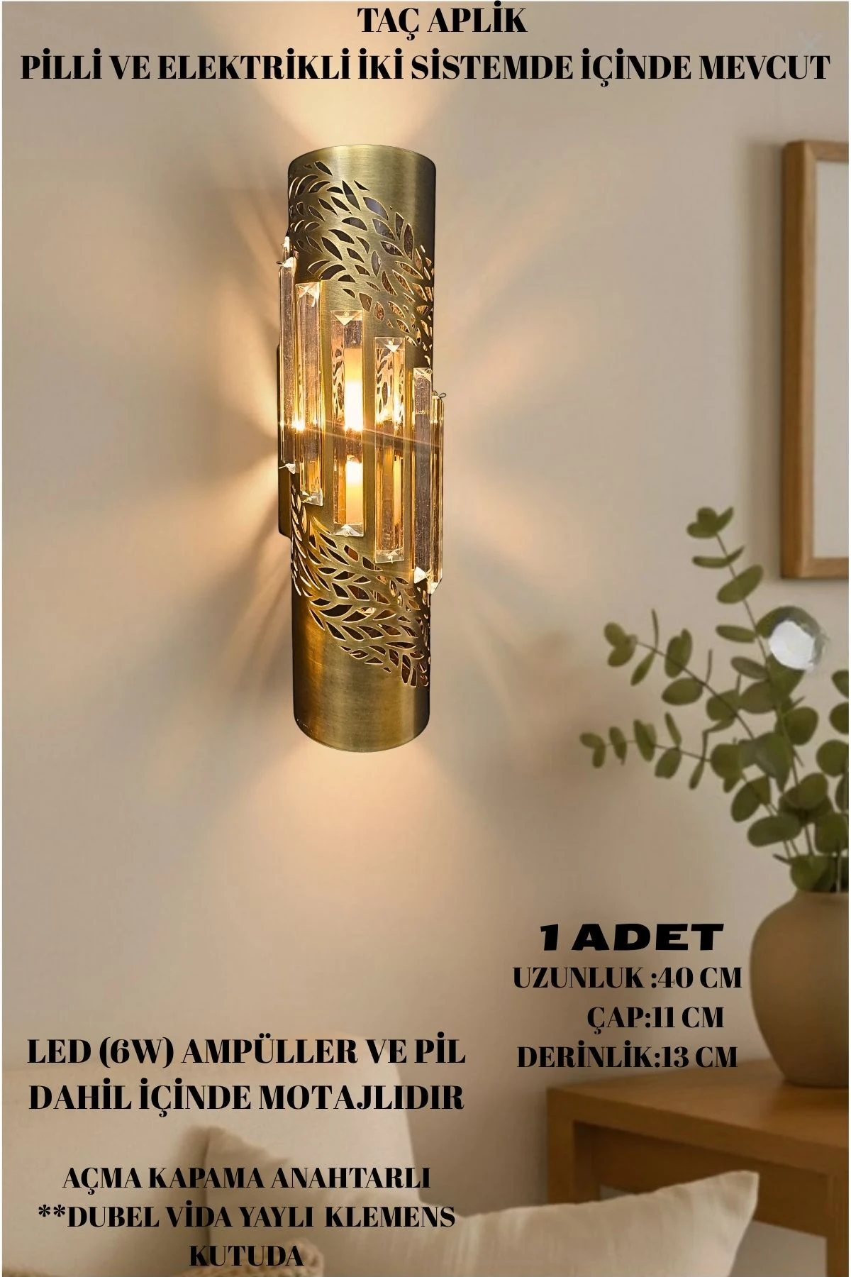 Taç Apik Eskitme, Pilli Aplik, Anahtarlı, Pilli Elektrikli Ledli Duvar Aplik Kristal Taşlı