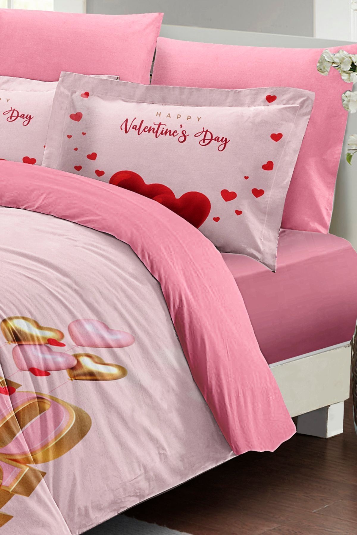 Sevgililer Günü Özel Çift Kişilik Nevresim Takımı Pamuk Saten Valentine's