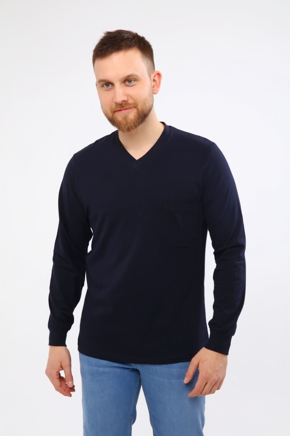 Çamdalı Iş Elbiseleri V Yaka Lacivert Uzun Kollu Sweatshirt Süprem Iş Tişörtü