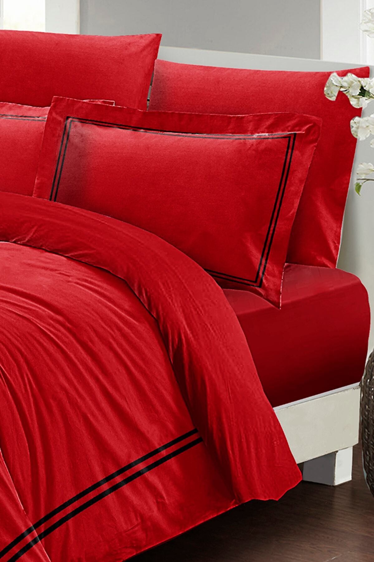 Kıng Sıze Çift Kişilik Nevresim Takımı Luxury Pamuk Saten Kırmızı 220x240cm