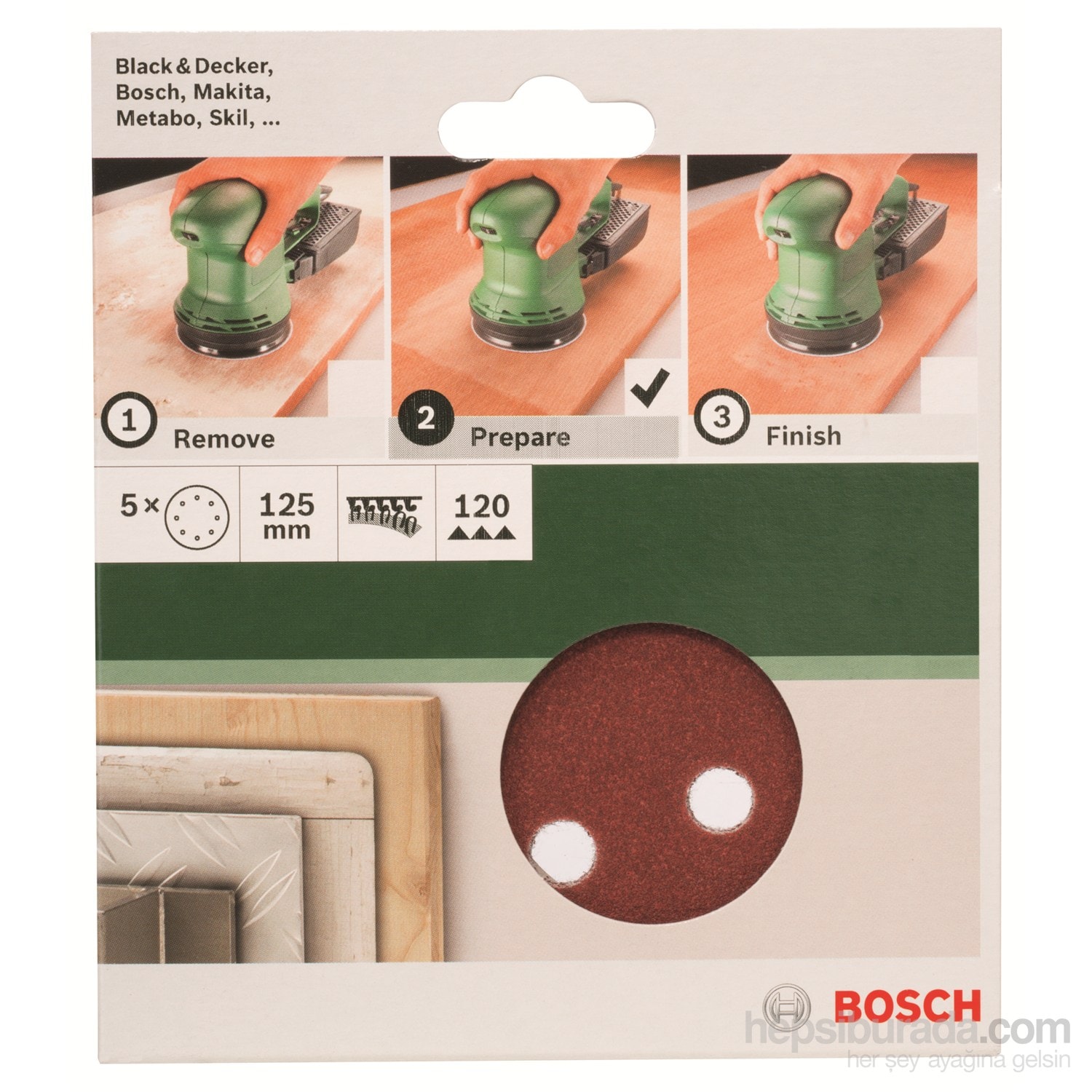 BOSCH - Eksantirik Zımpara Kağıdı 5'Li, 125 Mm 120 Kum 8 Delik
