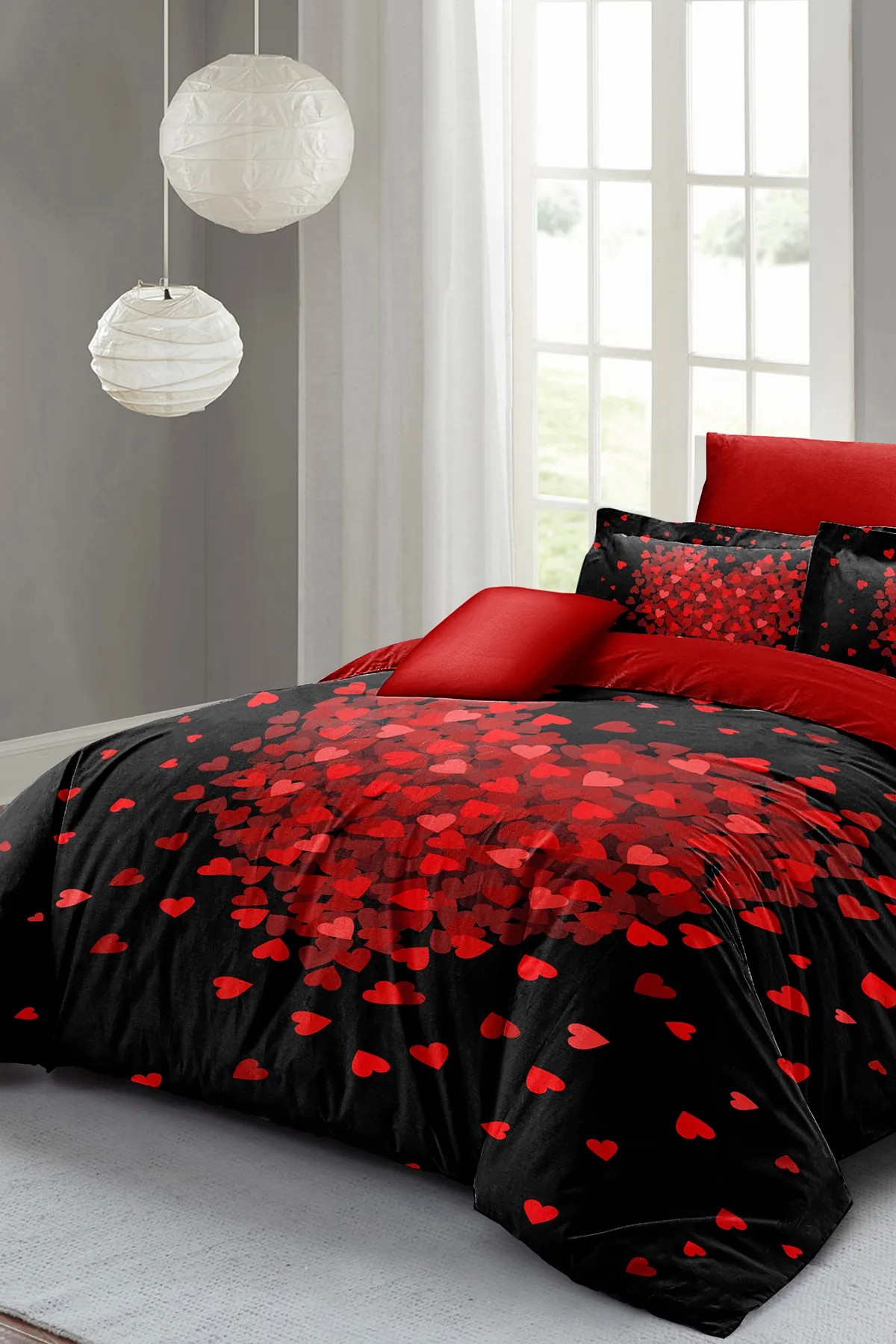 Sevgililer Günü Lastikli Çarşaflı Pamuk Saten Çift Kişilik Kalpli Nevresim Heart Black