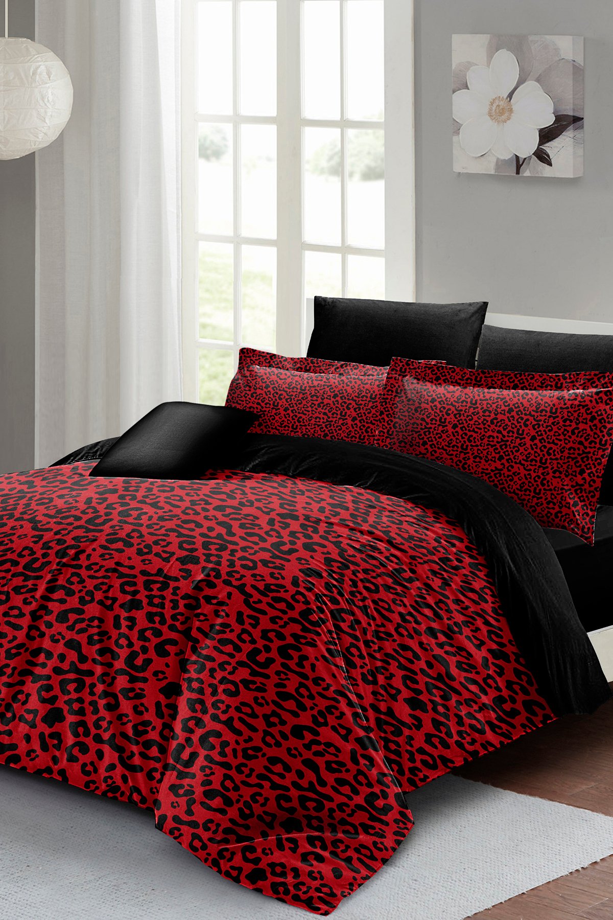 %100 Pamuk Saten 3d Çift Kişilik Nevresim Takımı Red Leopar