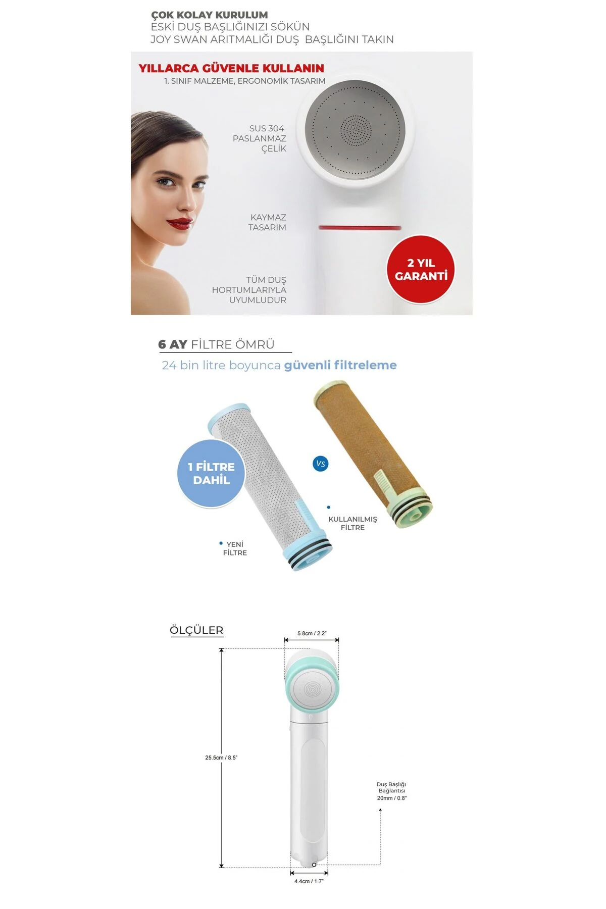 Aritmalı karbon duş başlığı ve yedek filtre, beyaz renk, sağlıklı ve pratik kullanım.