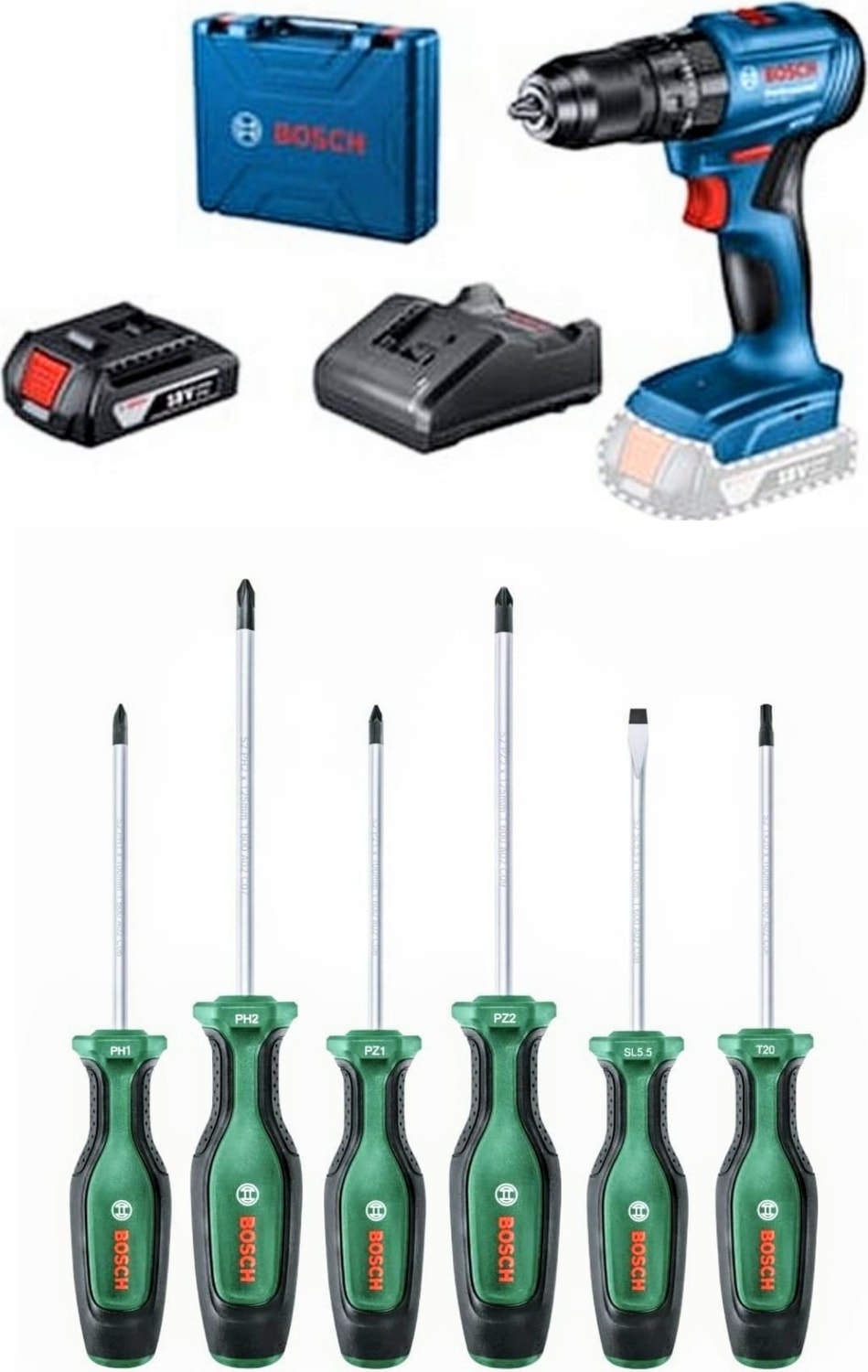 BOSCH Gsb 185-LI Darbeli Kömürsüz Tek Akü ve  6 Lı Tornavida Seti Hediye