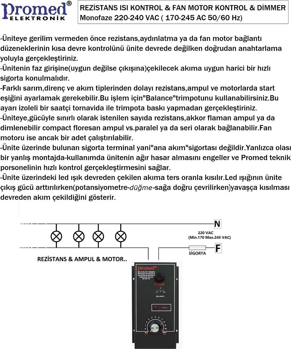 220 V.AC Pano Tipi 2000W Dimmer & Rezistans Isı kontrol & Fan motor devir kontrol.