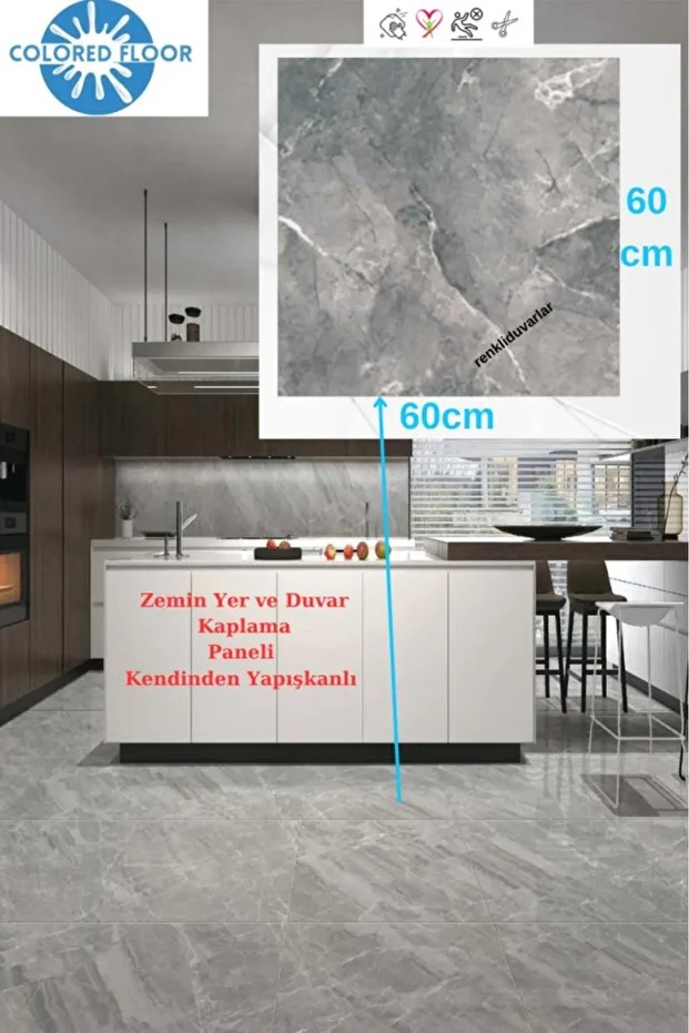 Yapışkanlı Yer Zemin Kaplama Paneli Arkası Kauçuklu 60X60cm Banyo Salon Floor Pvc Panel 617
