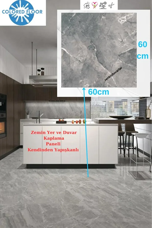 Yapışkanlı Yer Zemin Kaplama Paneli Arkası Kauçuklu 60X60cm Banyo Salon Floor Pvc Panel 617