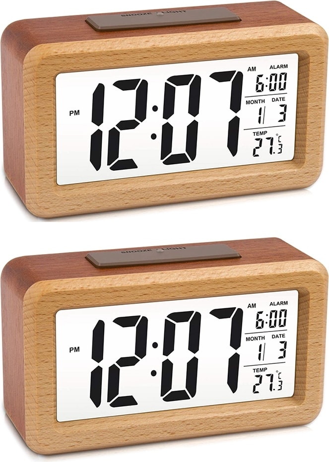 2x Ahşap LED Dijital Çalar Saat, Ertelemeli Gece Lambası, Tarih, Sıcaklık, 12/24SAAT Değiştirilebilir (Yurt Dışından)