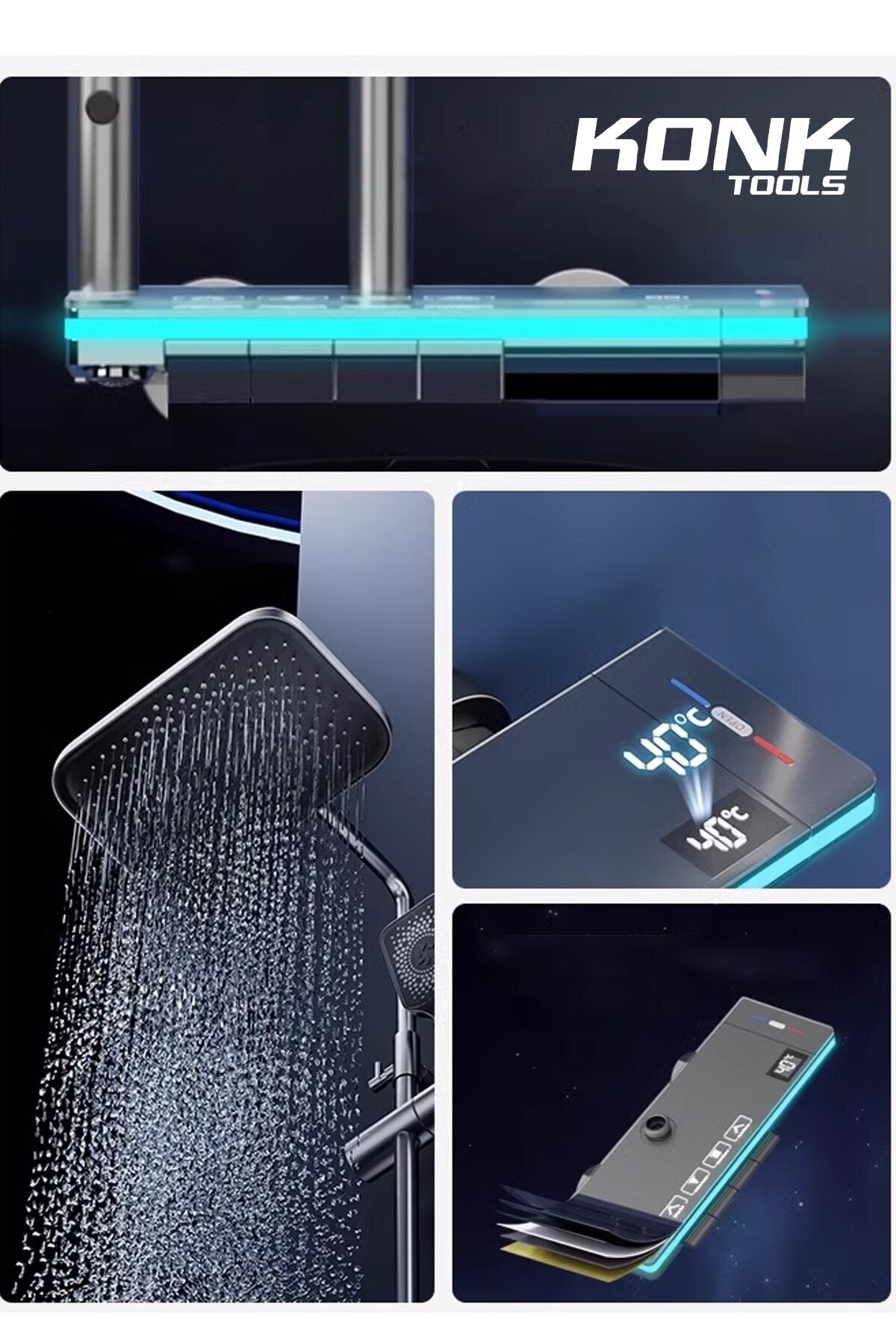 Dijital Piyano 5 Fonksiyonlu Antrasit Banyo Bataryalı Smart  Max Dijital Tepe Duşu Duş Seti