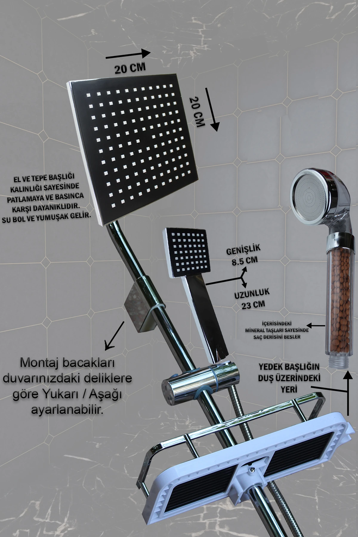 Yeni Nesil Robot Yağmurlama Tepe Duş Başlığı Seti Kare Model Siyah Robot Duş Takımı El Duşu Spiral