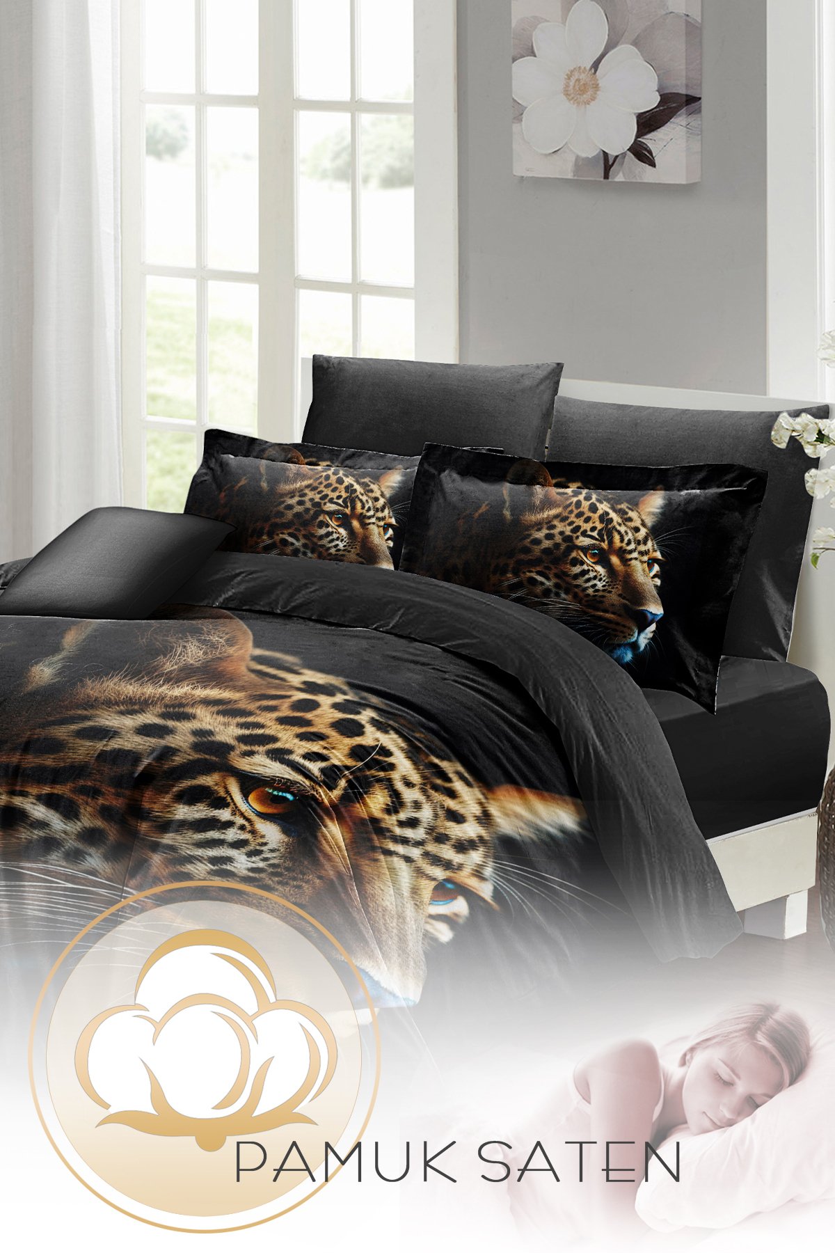 Kıng Sıze %100 Pamuk Saten Çift Kişilik Nevresim Takımı Leopard Face 220x240cm