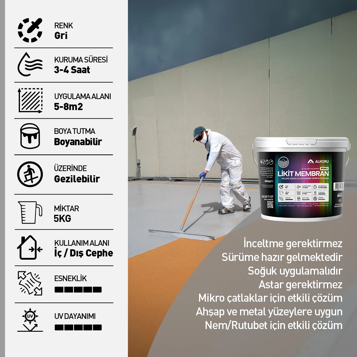 5 kg Gri Likit Membran Renkli Reçine Esaslı Sıvı Su Yalıtım Malzemesi