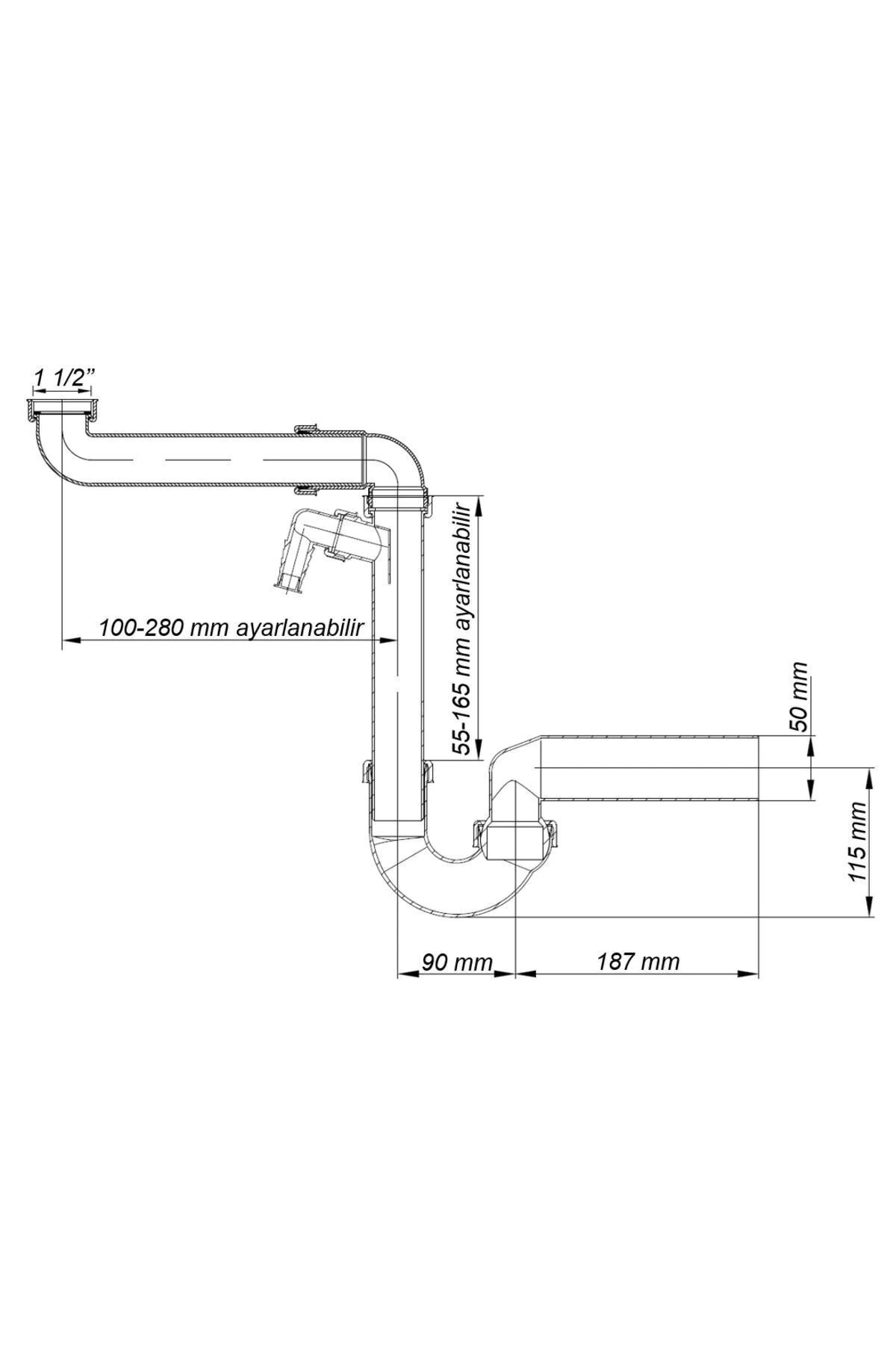 Yer kazandıran lavabo sifonu evye sifonu 1 1/2'' bağlantı ağızlı, 50lik, koku önleyici gider borulu