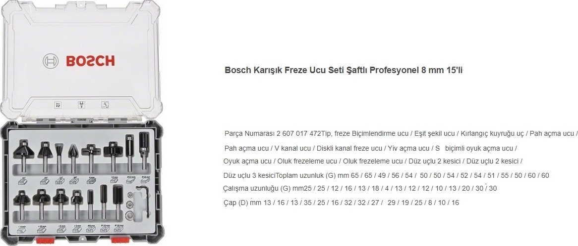 BOSCH 2607 017 472 Karışık Freze Ucu Seti Şaftlı Profesyonel 8 mm 15 Parça