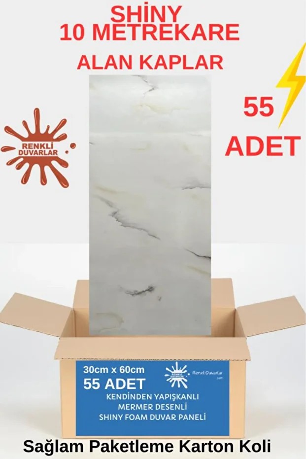 BS1767 Shiny 10m2 55 Adet 30x60cm Yapışkanlı  Mermer Desenli Karavan Banyo Wc Duvar Kaplama Paneli