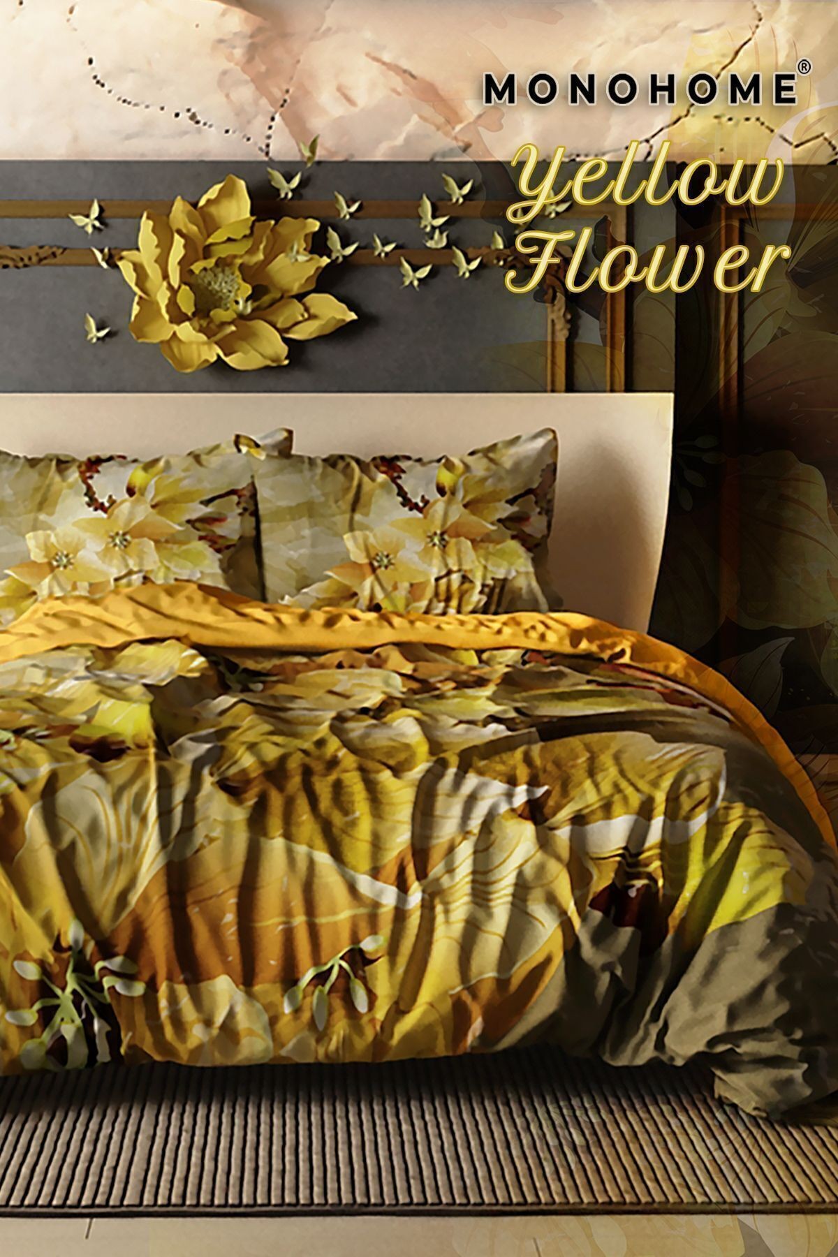 Nevresim Takımı %100 Doğal Pamuk Çift Kişilik 3d Digital Yellow Flowers