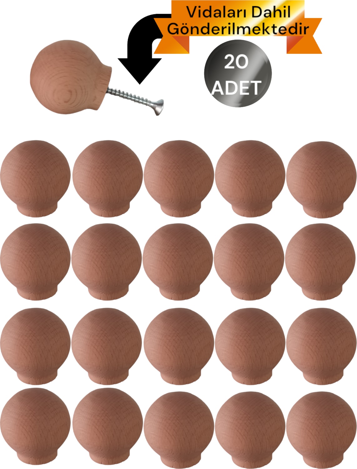 20 Adet Küre Ahşap Kulp Lüks Country Mutfak Mobilya Dolap Çekmece Kulbu 3301000000832