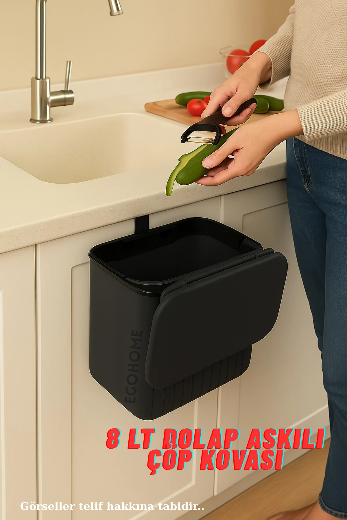 Askılı Çöp Kovası Çizgili 8 Lt Mutfak Tezgah Üstü Ve Dolap Askılı Çöp Kovası Çift Yön Kapaklı