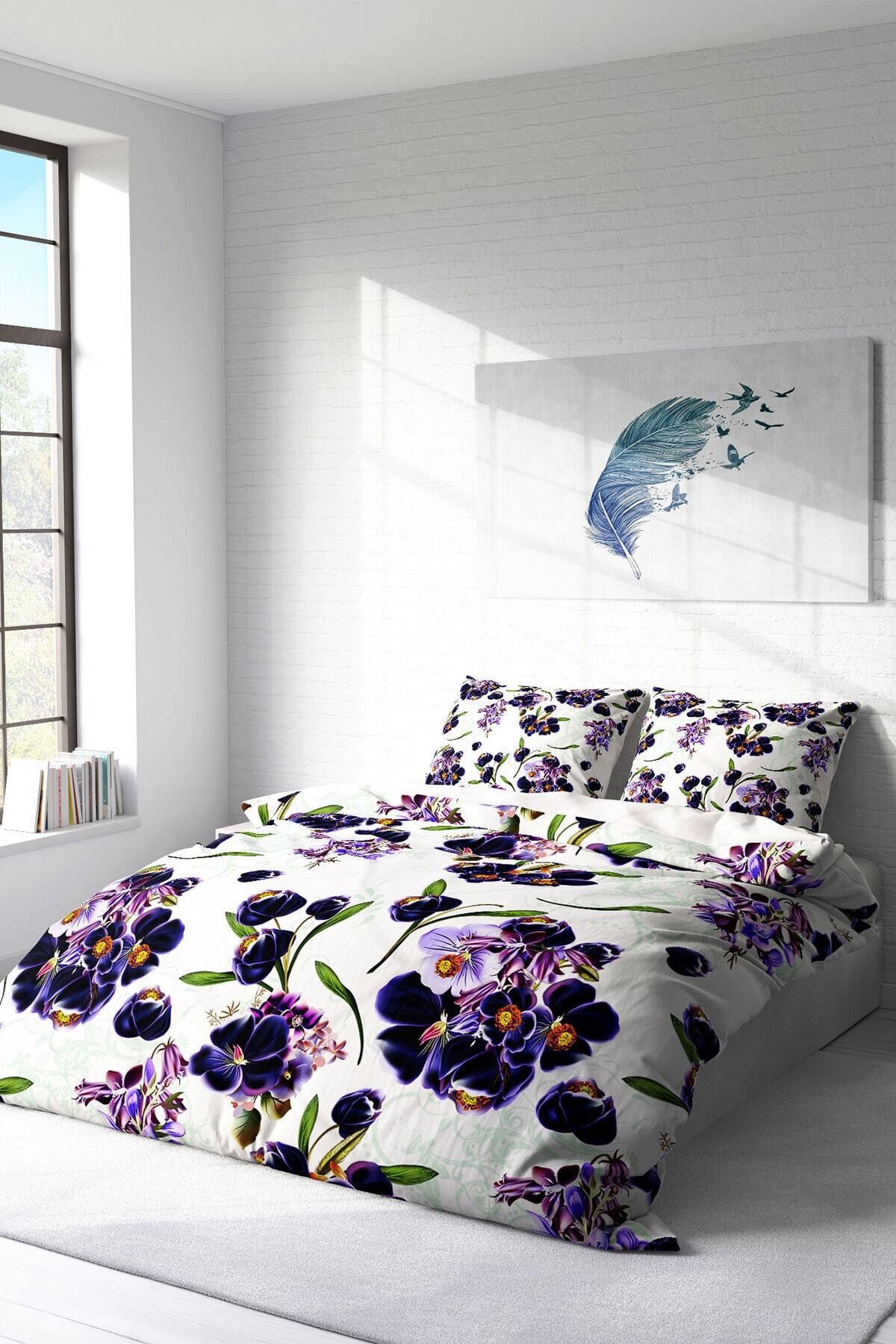 Kıng Sıze Purple Flowers Naturel Çift Kişilik Nevresim Takımı 220x240cm