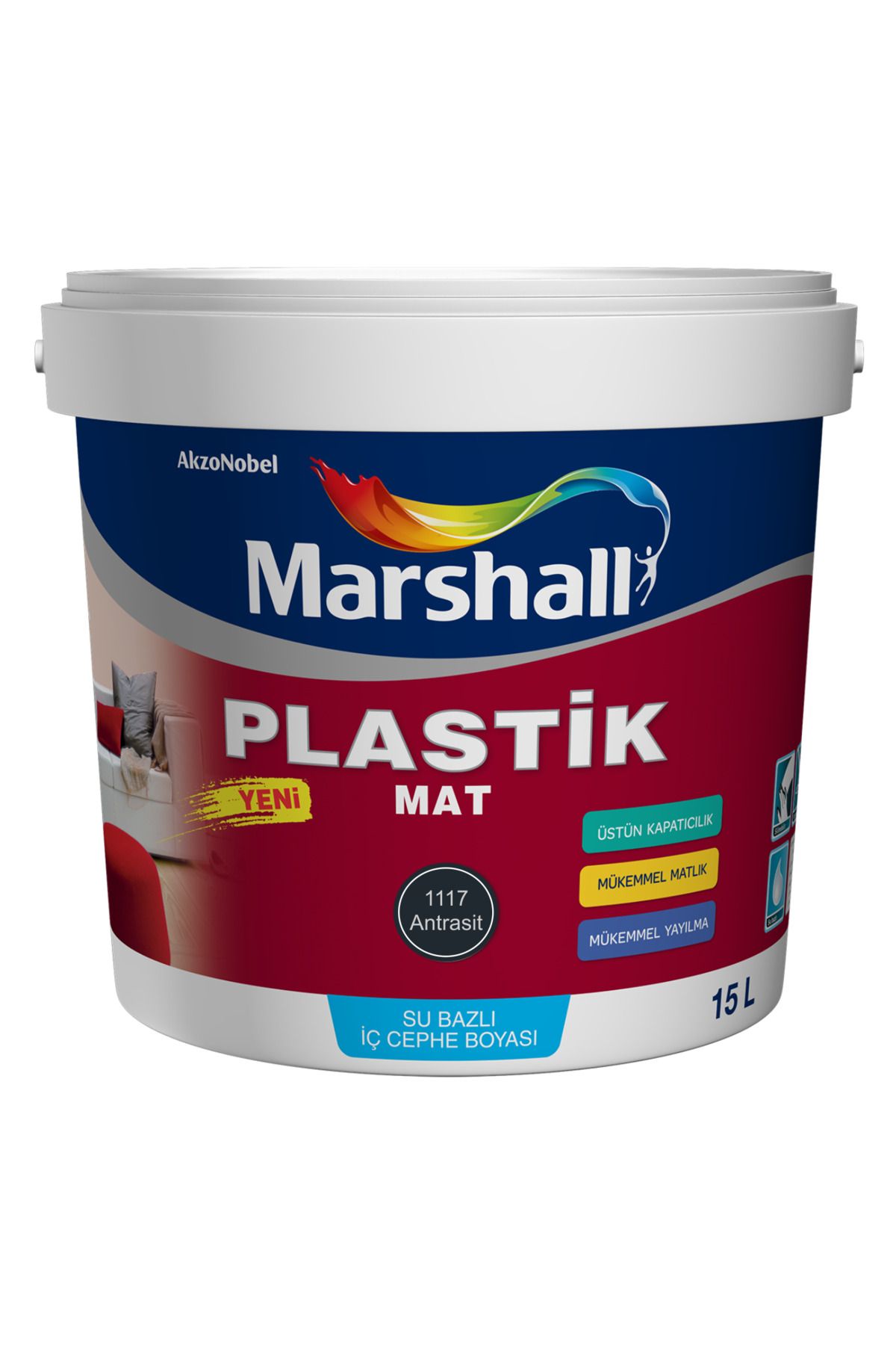 PLASTİK MAT ANTRASİT GRİ Su Bazlı İç Duvar Boyası 2.5LT=4KG-Silinebilir-Uygulaması Kolay