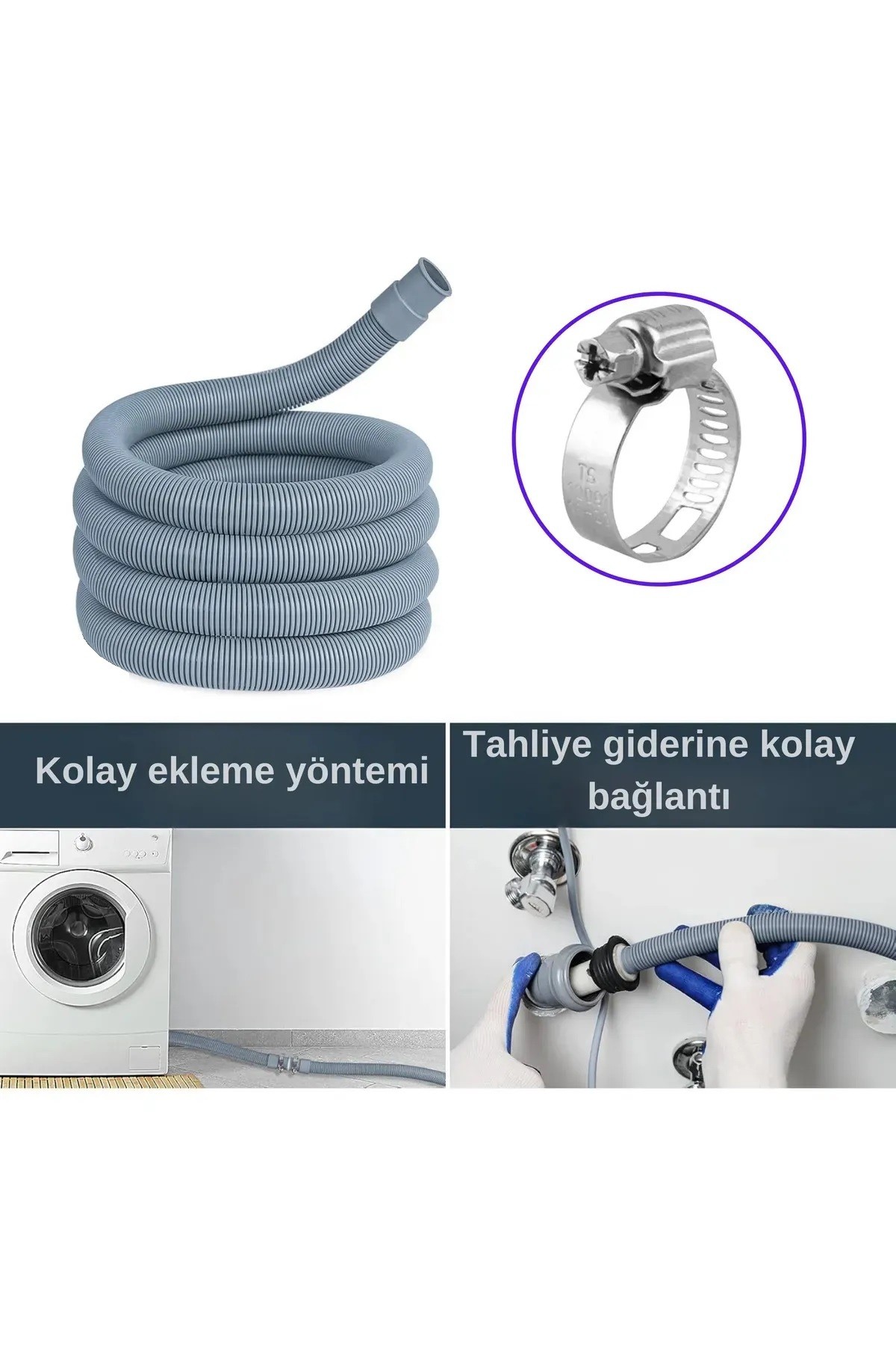 Çamaşır Bulaşık Makinesi Pis Su Giriş Hortumu, Körüklü Tahliye Hortumu, 3 Mt (Kelepçesi Dahildir)